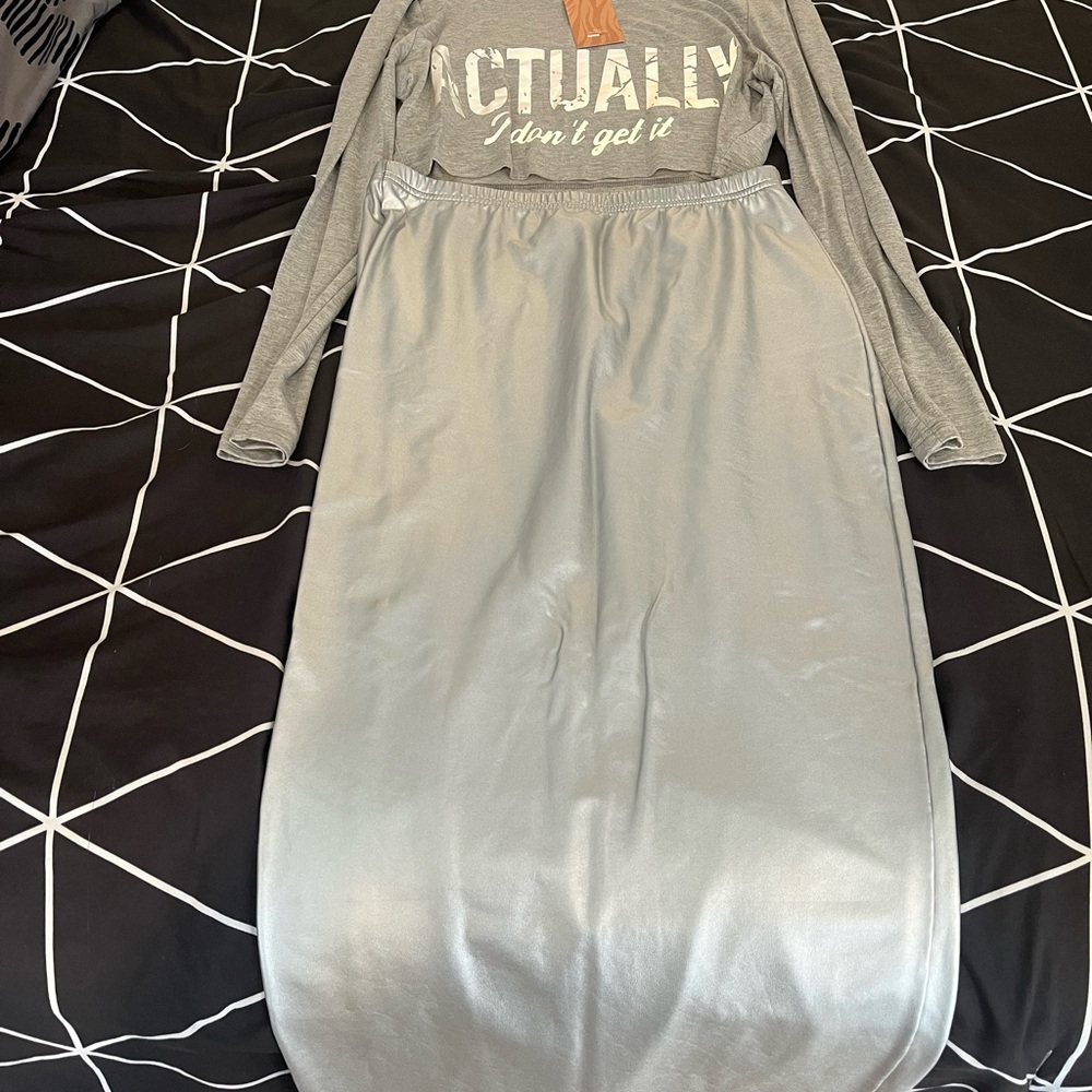 SHEIN Gray Long Sleeve Top and Skirt Set